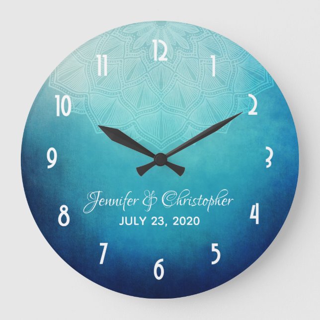 Reloj Redondo Grande Bonito Azul Mandala Resumen Boda (Anverso)