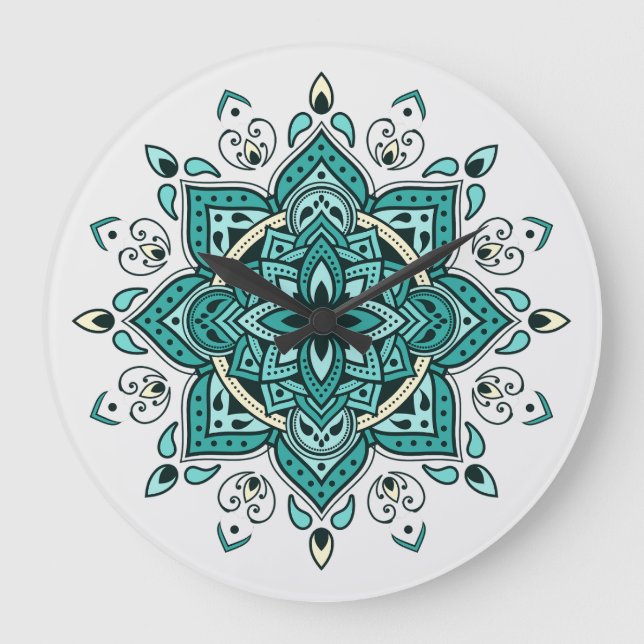 Reloj Redondo Grande Bonito diseño de Mandala turquesa (Anverso)