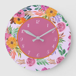Reloj Redondo Grande Bonito elegante Flor rosa floral Naranja amarillo