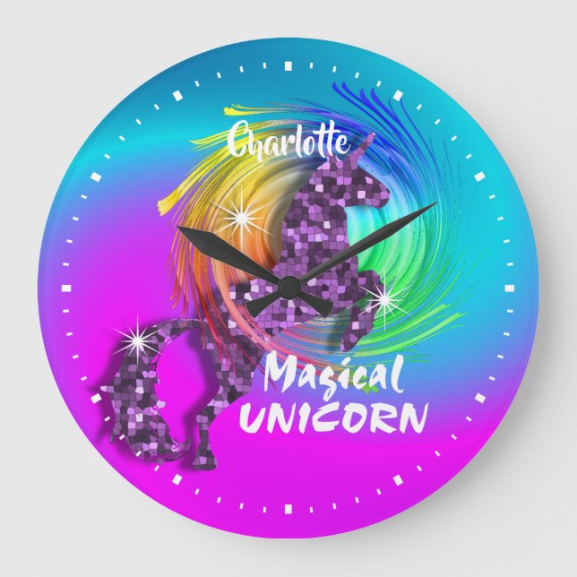 Reloj Redondo Grande Bonito Fantasy Rainbow Unicorn Personalizado (Anverso)