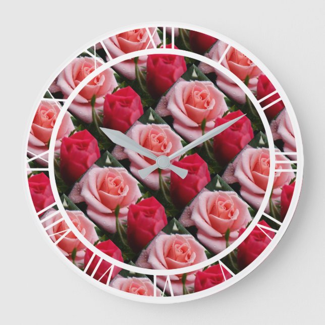 Reloj Redondo Grande Bonito Floral Rosa Rojas Rojas Patrón Gran Pared (Anverso)