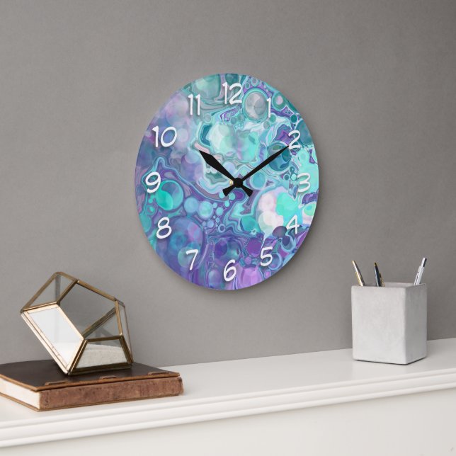 Reloj Redondo Grande Bonito Morado y Azul Resumen Faux Marble (Oficina)