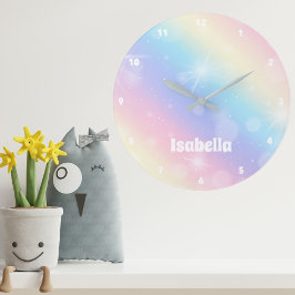 Reloj Redondo Grande Bonito Pastel Arcoiris Sparkle Monograma Niñas