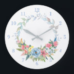 Reloj Redondo Grande Bonito Pastel Watercolor Floral Wreath<br><div class="desc">Flora de agua frondosa y delgada con spray de flores rosa pastel,  azul y amarillo. El color de fondo y los números son editables.</div>