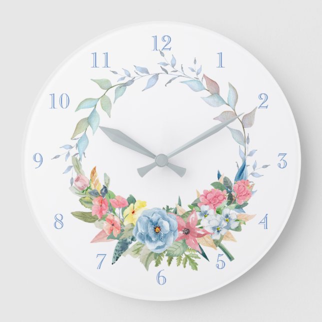 Reloj Redondo Grande Bonito Pastel Watercolor Floral Wreath (Anverso)