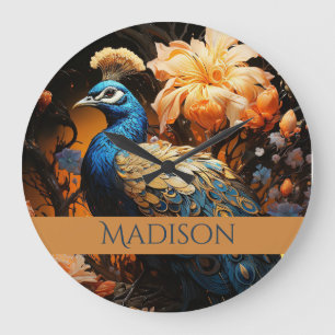 Reloj Redondo Grande Bonito Peacock con nombre personalizado Gold y Blu