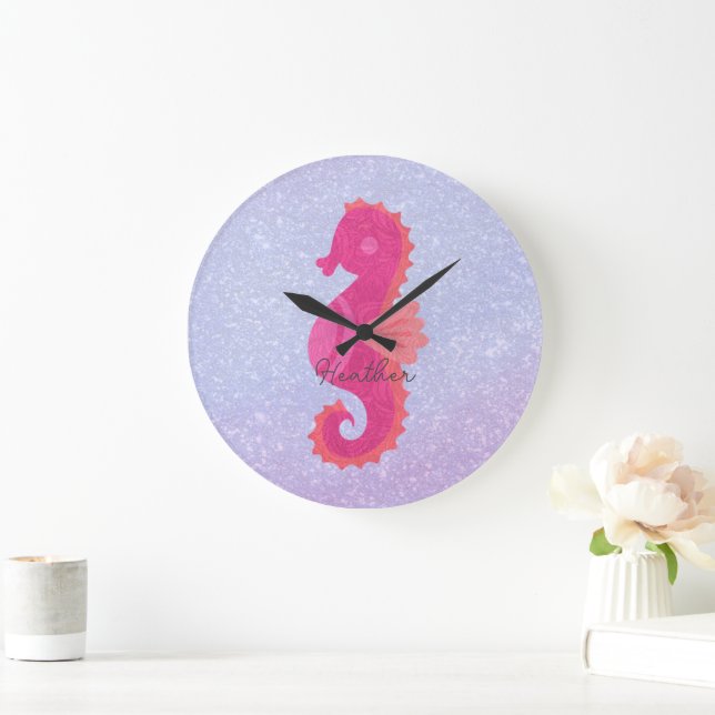 Reloj Redondo Grande Bonito Pequeño caballito de mar rosa grande (Hogar)
