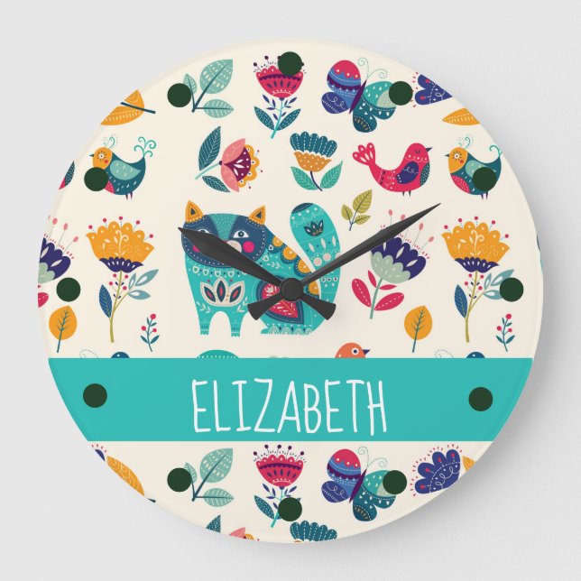 Reloj Redondo Grande Bonito Presupuestaria Gatos Girly Estilo Arte Folk (Anverso)