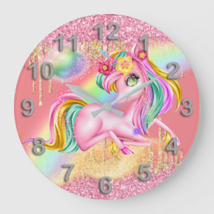 Reloj Redondo Grande Bonito unicornio oro rosa purpurina arcoiris fanta