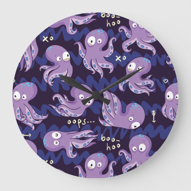 Reloj Redondo Grande Boo Octopus Cute Niños Púrpura Ropa Y Decoración (Anverso)