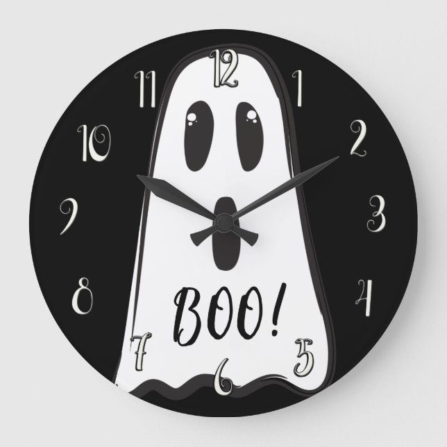 Reloj Redondo Grande BOO! Spooky Cute Ghost Halloween Black White (Anverso)