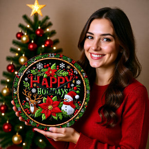 Reloj Redondo Grande Bordado Felices Fiestas Negro