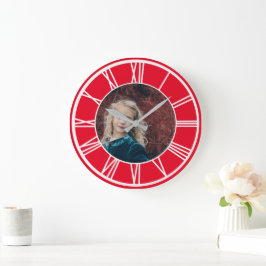 Reloj Redondo Grande Borde blanco romano número borde rojo añadir foto 