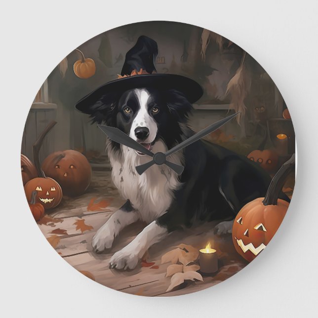 Reloj Redondo Grande Borde de Collie Pumpkins Halloween Scary (Anverso)