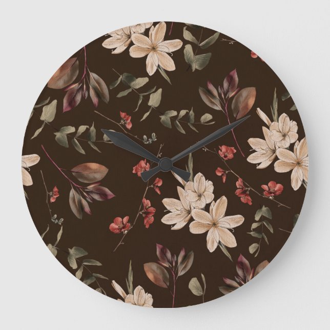 Reloj Redondo Grande Borde floral bohemio: Patrón acuarela sin mar (Anverso)