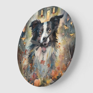 Reloj Redondo Grande Border Collie de Halloween con calabazas aterrador