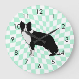 Reloj Redondo Grande Border Collie Dog Abstract Illustration Checkered