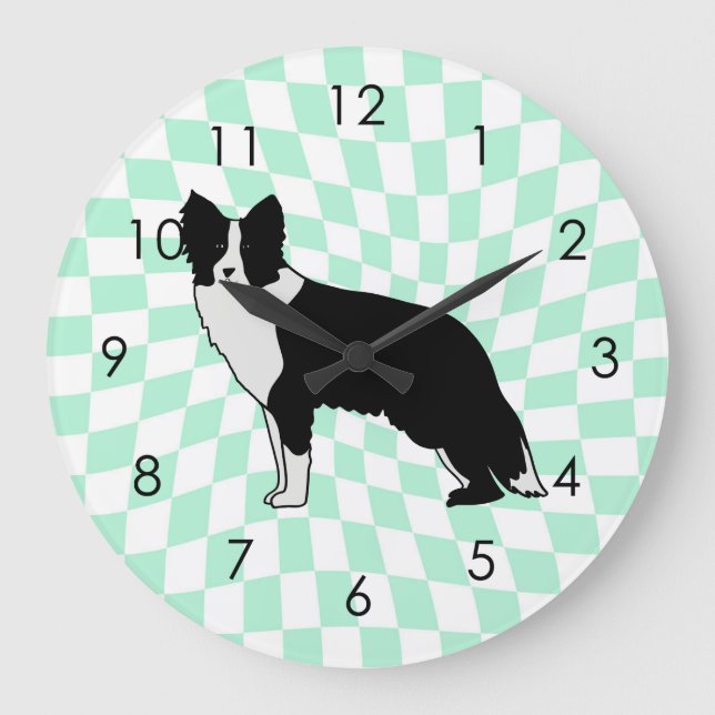 Reloj Redondo Grande Border Collie Dog Abstract Illustration Checkered (Anverso)