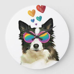 Reloj Redondo Grande Border Collie Perro con Corazones Día de San Vale
