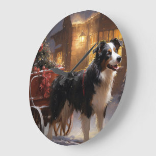 Reloj Redondo Grande Border Collie Temporada Navideña Festiva