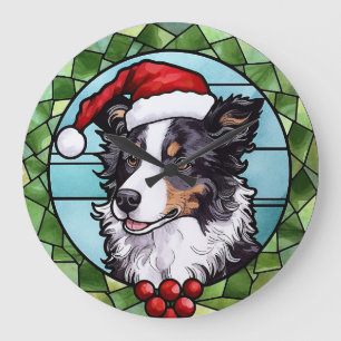 Reloj Redondo Grande Border Collie Vidrio Pintado Navidad