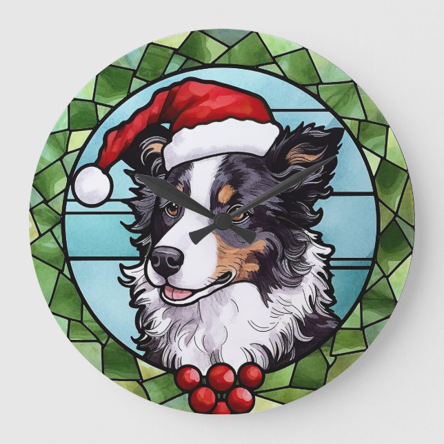 Reloj Redondo Grande Border Collie Vidrio Pintado Navidad (Anverso)
