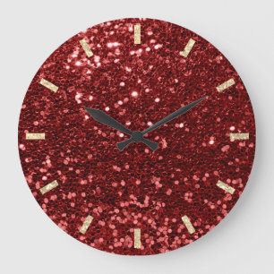 Reloj Redondo Grande Borgoña Maroon Red Sparkly Faux Purpurina Gold