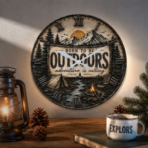 Reloj Redondo Grande Born to Be Outdoors Rustic  Camping Mountain 