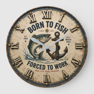 Reloj Redondo Grande Born to Fish Forced to Work Rustic Fisherman Gift