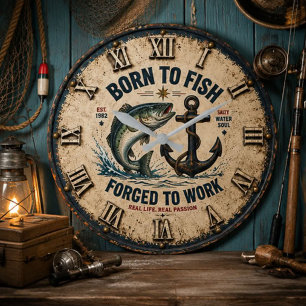 Reloj Redondo Grande Born to Fish Forced to Work Rustic Fisherman Gift