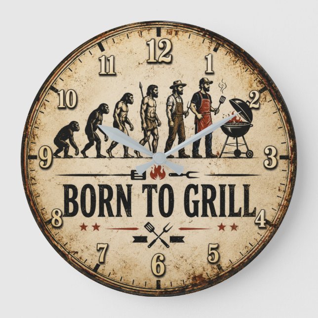 Reloj Redondo Grande Born to Grill Funny BBQ Evolution (Anverso)