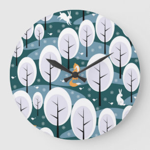 Reloj Redondo Grande Bosque de invierno de navidades: Patrón de animale