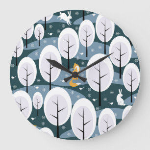 Reloj Redondo Grande Bosque de invierno de navidades: Patrón de animale