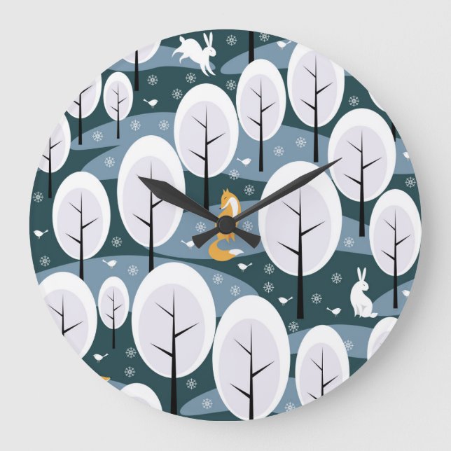 Reloj Redondo Grande Bosque de invierno de navidades: Patrón de animale (Anverso)