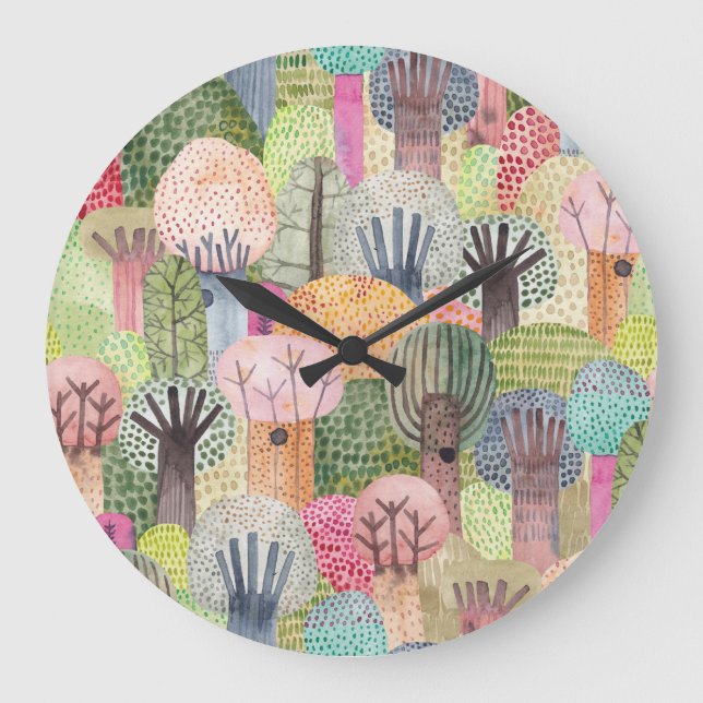 Reloj Redondo Grande Bosque Infantil: fondo acuarela. (Anverso)