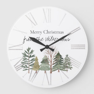 Reloj Redondo Grande Bosque Invernal Acuarela Árboles Simples
