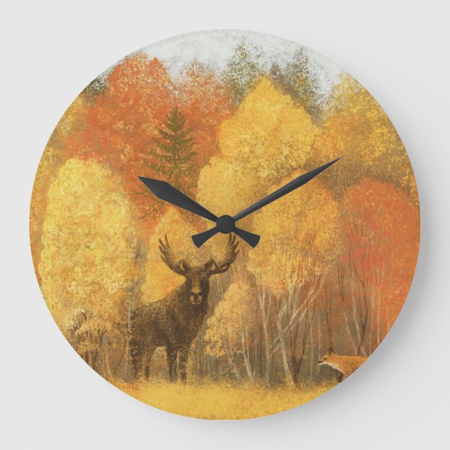Reloj Redondo Grande Bosque otoñal, ciervo digital y zorro. (Anverso)