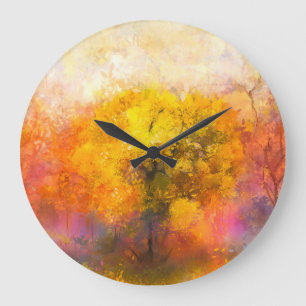 Reloj Redondo Grande Bosque otoñal: Ilustracion de acuarela suave.