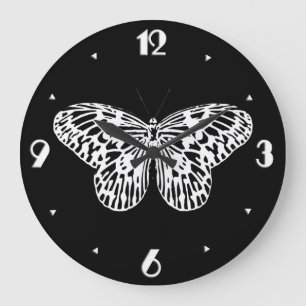Reloj Redondo Grande Bosquejo, blanco y negro de la mariposa
