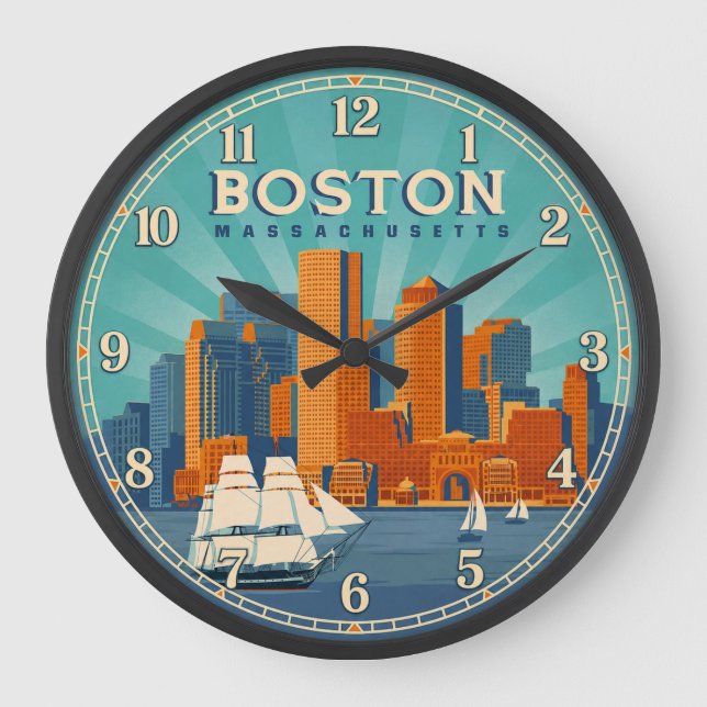 Reloj Redondo Grande Boston Massachusetts Harbor Skyline (Anverso)