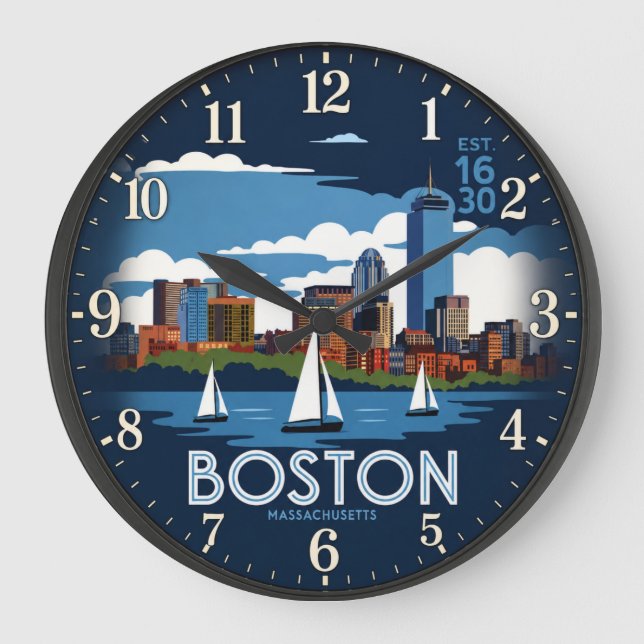 Reloj Redondo Grande Boston Massachusetts Skyline (Anverso)