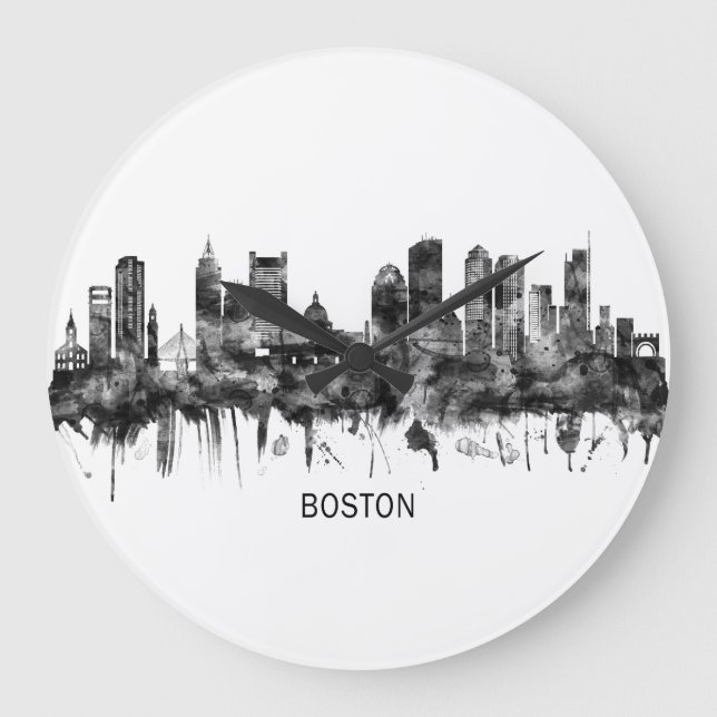Reloj Redondo Grande Boston Massachusetts Skyline BW (Anverso)