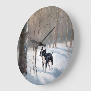 Reloj Redondo Grande Boston Terrier Deja que nieve Navidad