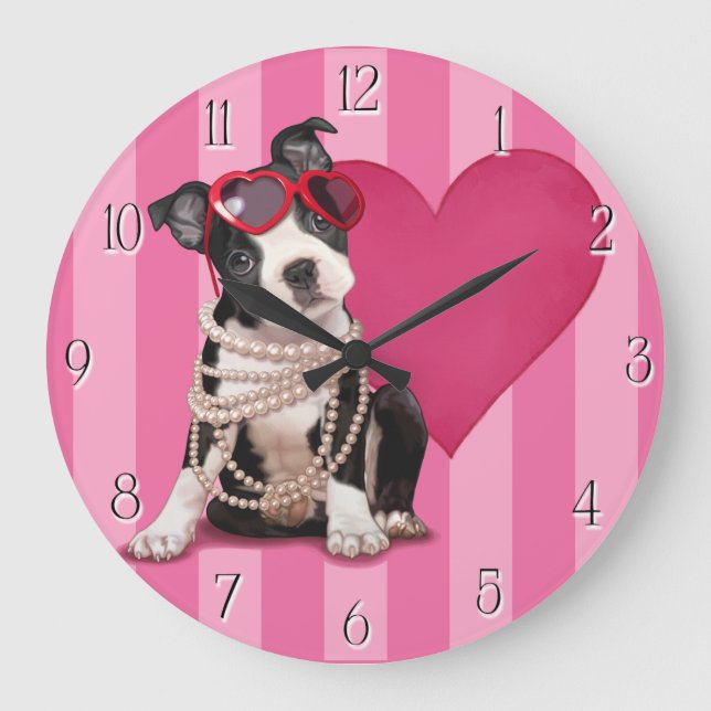 Reloj Redondo Grande Boston Terrier Puppy (Anverso)