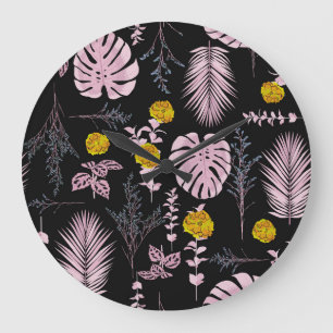 Reloj Redondo Grande Botánica oscura, flor hojas patrón.