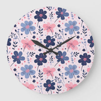 Reloj Redondo Grande Botanical Pink And Blue Flowers Nature Print