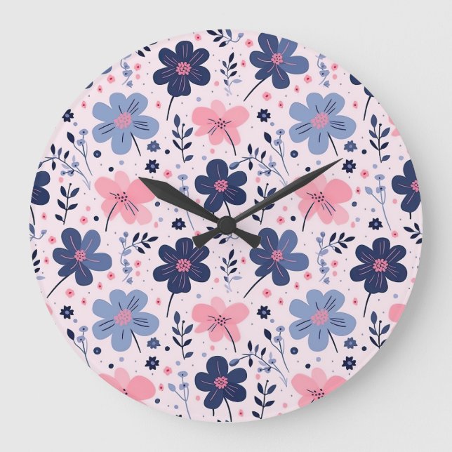 Reloj Redondo Grande Botanical Pink And Blue Flowers Nature Print (Anverso)