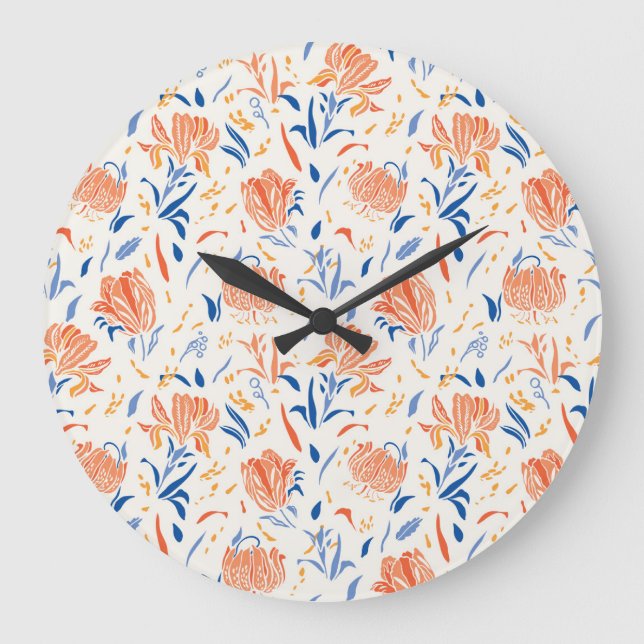 Reloj Redondo Grande Botany linocut barroco: fondo floral sin costuras (Anverso)