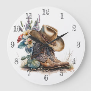 Reloj Redondo Grande Botas de vaquera de campo Flor Hat Texas
