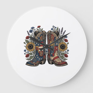 Reloj Redondo Grande Botas de vaquero patrióticas camisa floral de gira